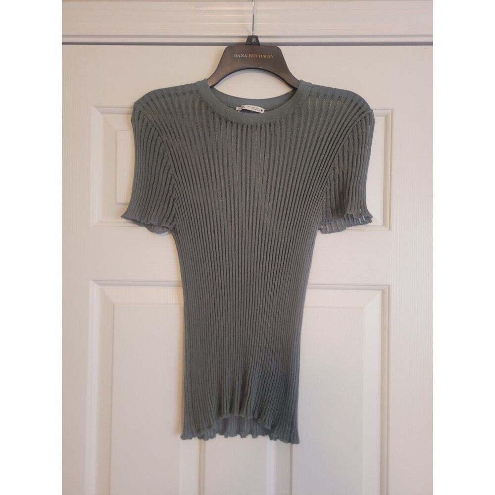 Zara Sheer Ribbed Knit Short Sleeve Top Gray Green Size M Stretch Crew Neck
